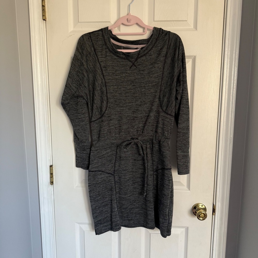 Athleta Womens Grey Heathered Long Sleeve Drawstring Waist Sweatshirt Dress Sm